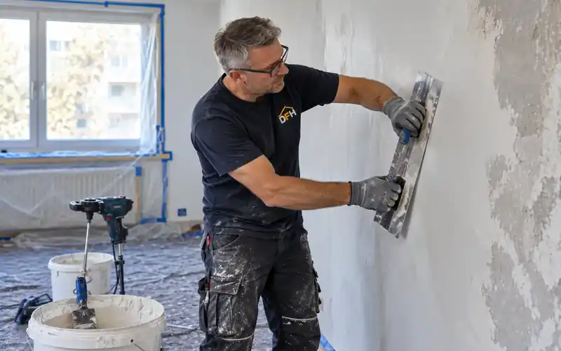Wand wird in einer Wohnung in Mannheim vollflächig gespachtelt
