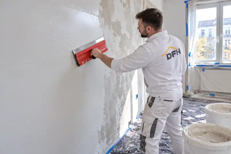 Maler glättet eine Wand mit dem Flächenspachtel