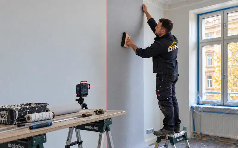 Tapezierer bringt eine Vliestapete in einer Altbauwohnung in Mannheim an