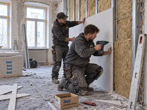 Trockenbauer montiert Gipskartonplatten an einer neuen Trennwand aus Metallständerwerk in einer Mannheimer Wohnung