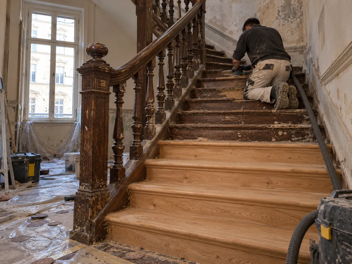 Treppensanierung im Altbau in Heidelberg: historische Holztreppe wird abgeschliffen, untere Stufen bereits aufgearbeitet