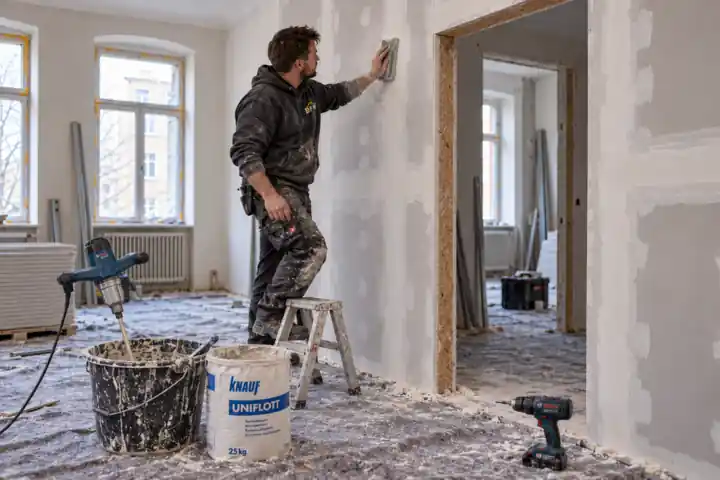 Trockenbauer schleift die gespachtelten Fugen einer neuen Gipskartonwand mit Türöffnung, Spachtelmasse und Werkzeug auf abgedecktem Boden