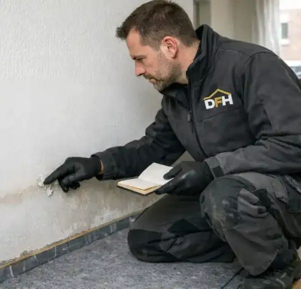 Wände nach Wasserschaden renovieren: Handwerker prüft Wasserrand und abblätternde Farbe am unteren Wandbereich