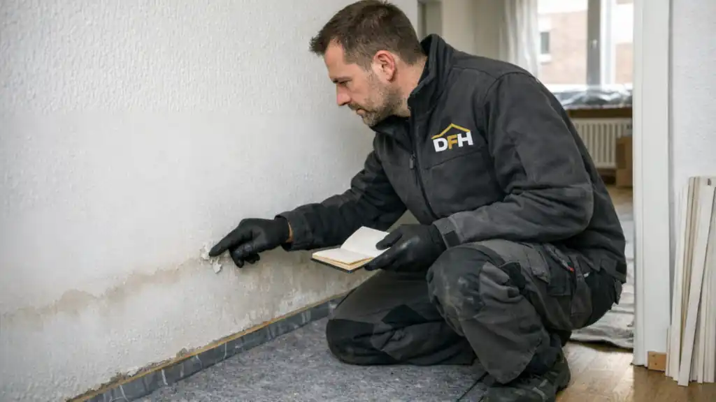 Wände nach Wasserschaden renovieren: Handwerker prüft Wasserrand und abblätternde Farbe am unteren Wandbereich