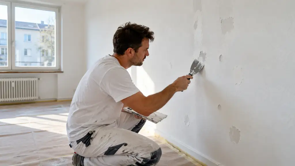 Maler spachtelt Dübellöcher und beschädigte Stellen an einer Wand in einer leeren Mietwohnung vor dem Anstrich