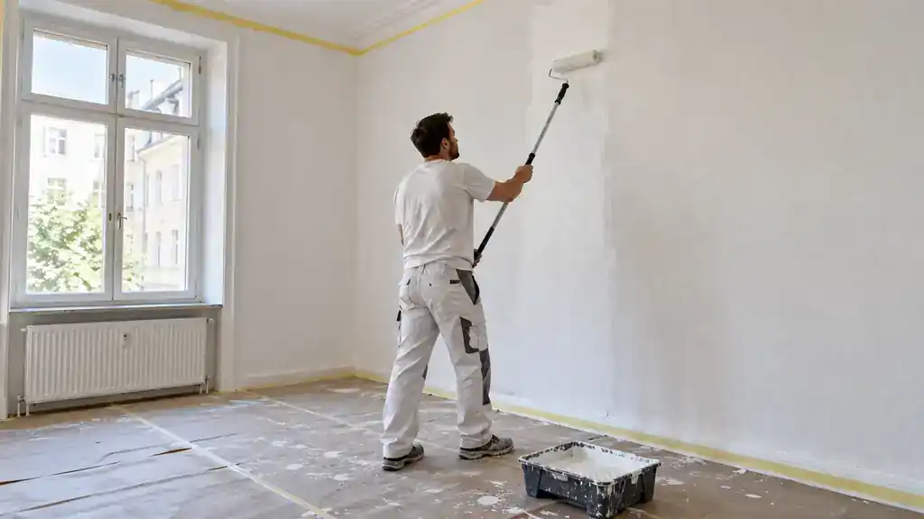 Maler streicht mit der Farbrolle eine Wand weiß in einem leeren Altbauzimmer, der Boden ist mit Abdeckvlies geschützt
