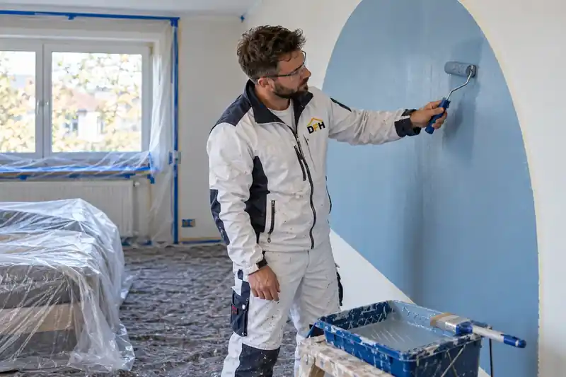 Maler gestaltet eine geometrische Farbfläche an der Schlafzimmerwand