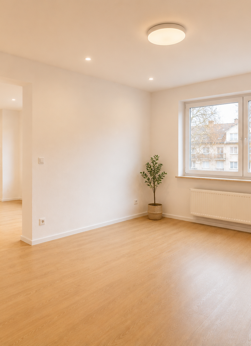 Wohnung in Mannheim nach der Komplettrenovierung — frisch renovierte Wohnung mit neuem Parkettboden und offener Küche durch David Fix Haus