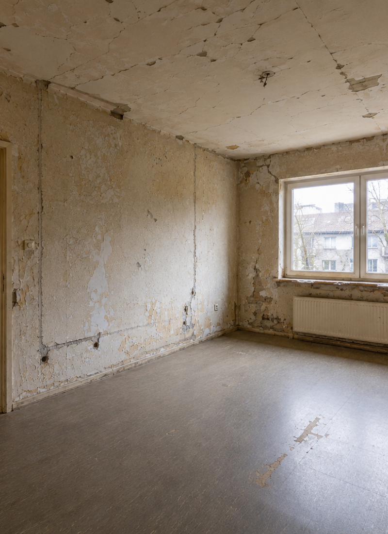 Wohnung in Mannheim vor der Komplettrenovierung — Ausgangszustand mit alten Tapeten und Boden vor Sanierung durch David Fix Haus